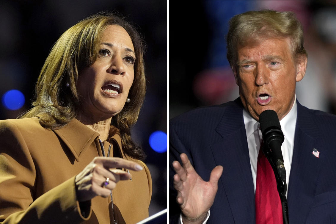 This combination of file photos shows Democratic presidential nominee Vice President Kamala Harris, left, and Republican presidential nominee former President Donald Trump, right. (AP Photo)
