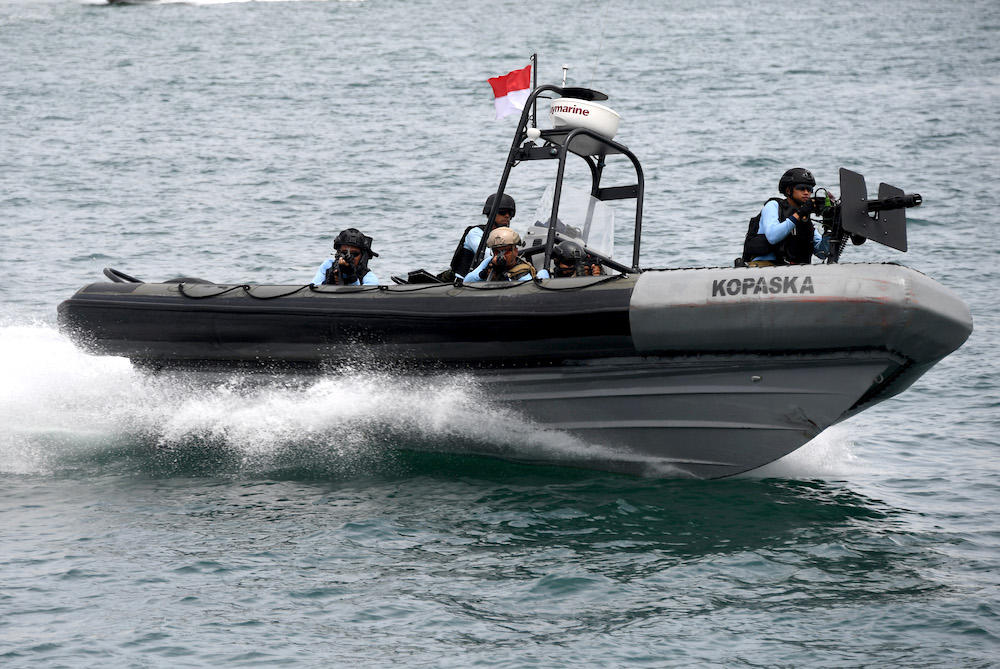 Indonesia navy personnel take part in a security drill ahead of G20 summit in Denpasar on the resort island of Bali on Nov. 9, 2022. (AFP)