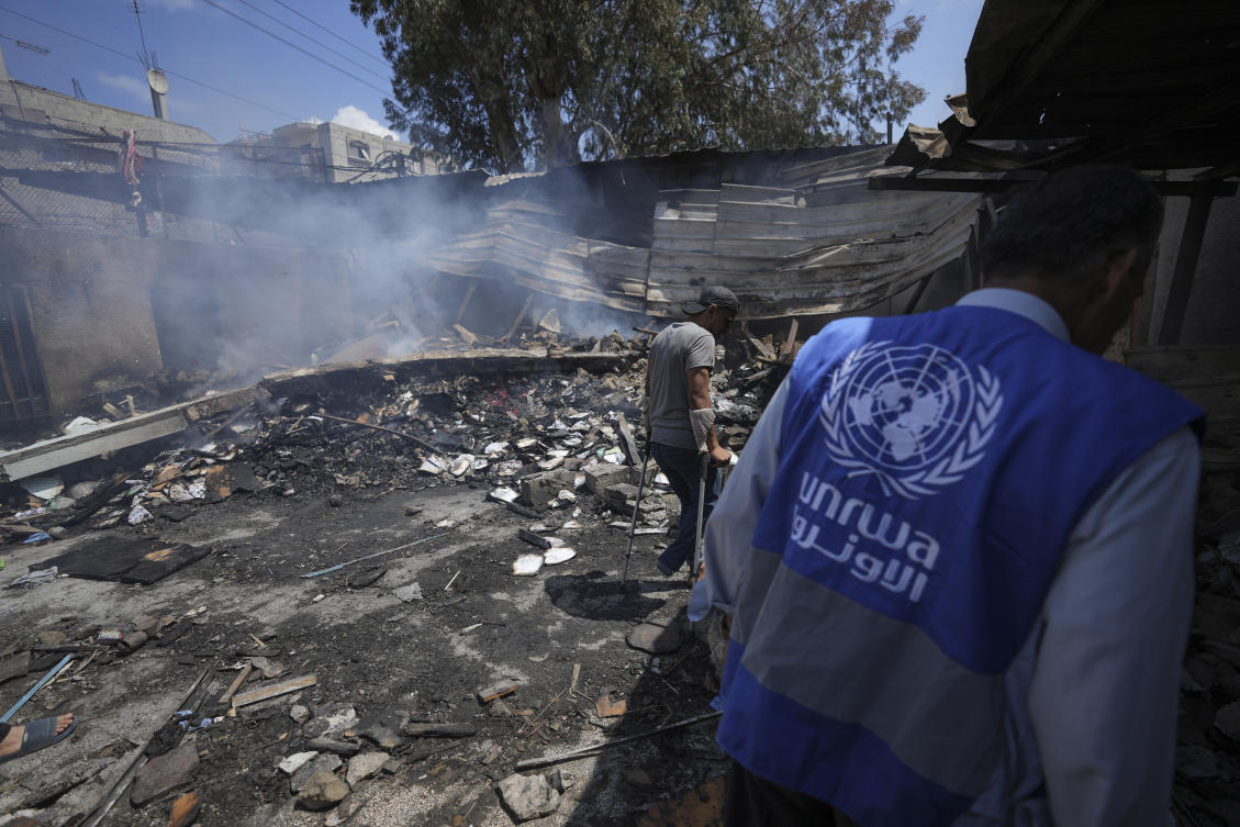 Turkiye said Israel’s ban on UNRWA from operating inside Israel aimed to disrupt efforts to reach a two-state solution to the Israeli-Palestinian conflict. Above, Palestinians look at the destruction after an Israeli strike on a school run by UNRWA in Nuseirat, Gaza Strip on May 14, 2024. (AP file photo)