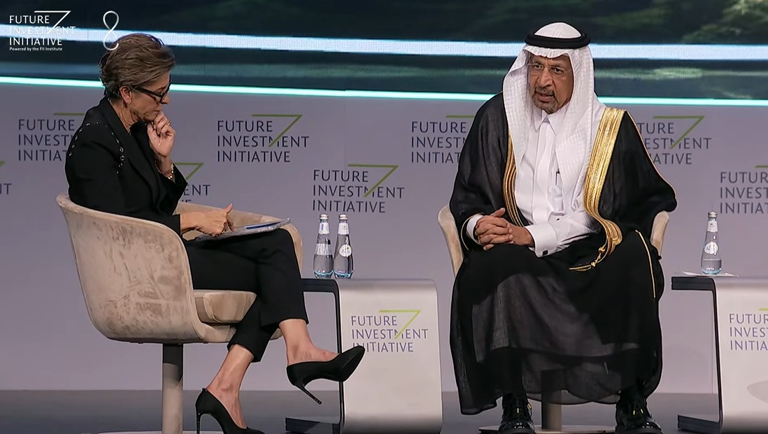 Saudi Investment Minister Khalid Al-Falih speaks at a panel at the FII8 in Riyadh on Tuesday.
