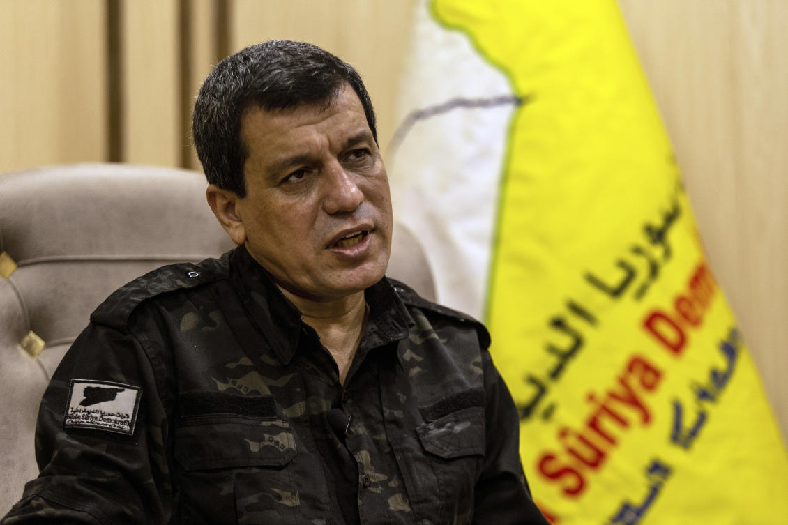 Mazloum Abdi, the commander of the U.S.-backed Syrian Democratic Forces, speaks during a news conference in Hassakeh, Syria, Nov. 26, 2022. (File/AP)
