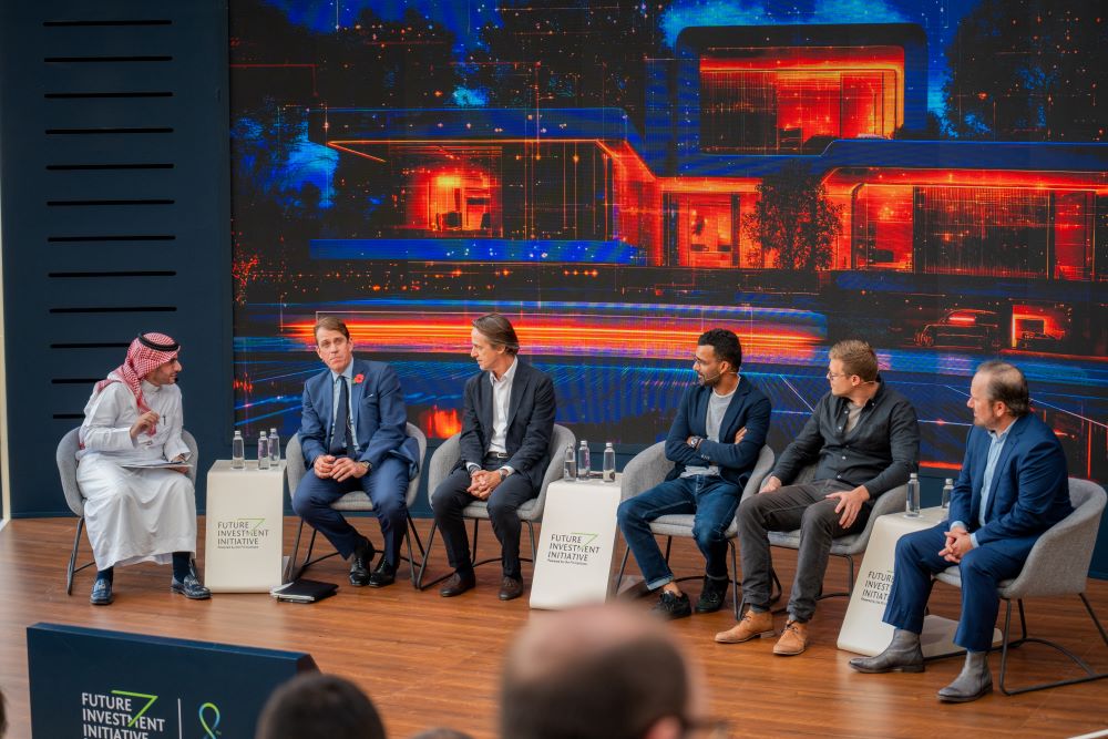 Left to right: Arab News editor-in-chief Faisal Abbas; Sir Ben Elliot, Founder, Quintessentially; Frederic Court, Managing Partner, Felix Capital Partners LLP; Faraz Khalid, CEO, Noon; Grant LaFontaine, Co-Founder & CEO, Whatnot; and Brent Montgomery, Founder & CEO, Wheelhouse take part in a panel during FII 8 in Riyadh on Tuesday, Oct. 29 2024. (AN Photo/Abdulrahman bin Shalhoub)