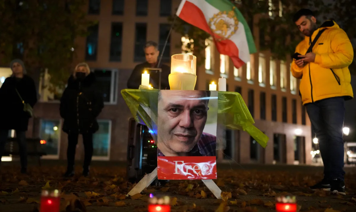 People commemorate Iranian-German Jamshid Sharmahd during a protest following his execution in Iran, near the Foreign Ministry in Berlin, Germany, Oct. 28, 2024. (AP)