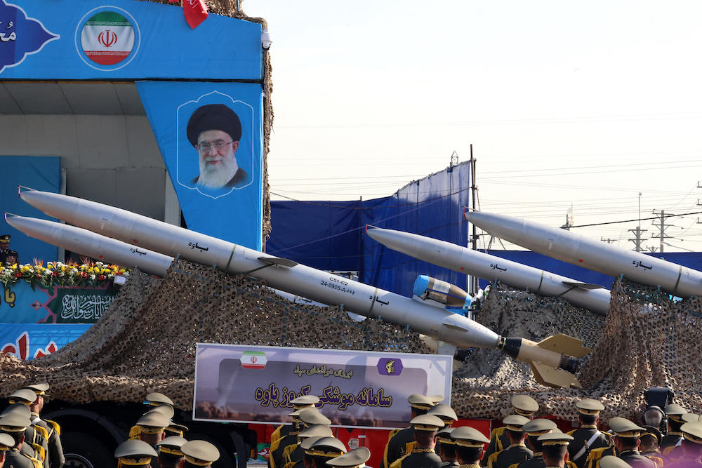 Above, Bavar missiles on display in Tehran during the annual military parade on Sept. 21, 2024 marking the anniversary of the outbreak of Iran’s 1980-1988 war with Iraq. (AFP)