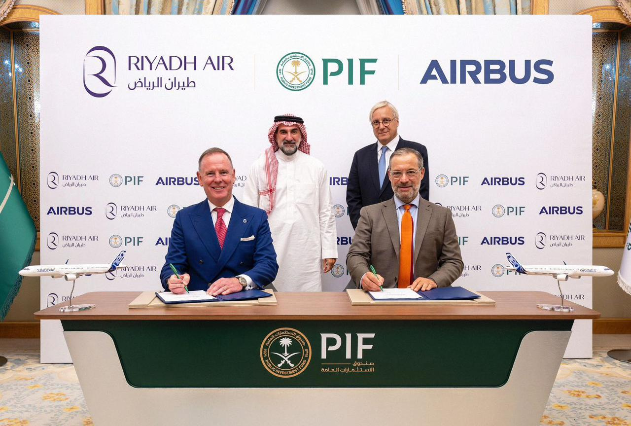 The deal was signed by Tony Douglas, CEO of Riyadh Air, and Christian Scherer, CEO Commercial Aircraft of Airbus, at the 8th Future Investment Initiative in the Kingdom’s capital city. Supplied