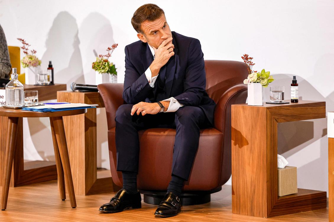 Emmanuel Macron looks on during a round-table discussion on food security and sustainable agriculture in Africa at the HQ of the mining company OCP, Rabat, Morocco, Oct. 30, 2024. (AFP)