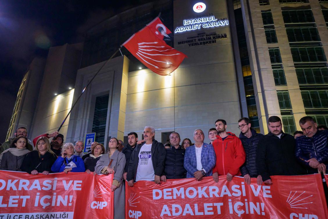 Opposition Republican People’s Party (CHP) supporters shout slogans during a demonstration following the arrest of the Mayor of Esenyurt, in Istanbul, on October 30, 2024. (AFP)