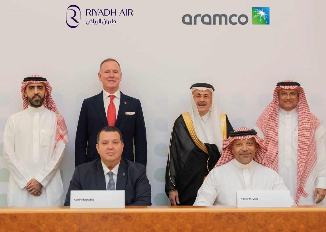 Adam Boukadida, chief financial officer of Riyadh Air, and Aramco Executive Vice President of Products and Customers Yasser Mufti at the signing ceremony. Supplied