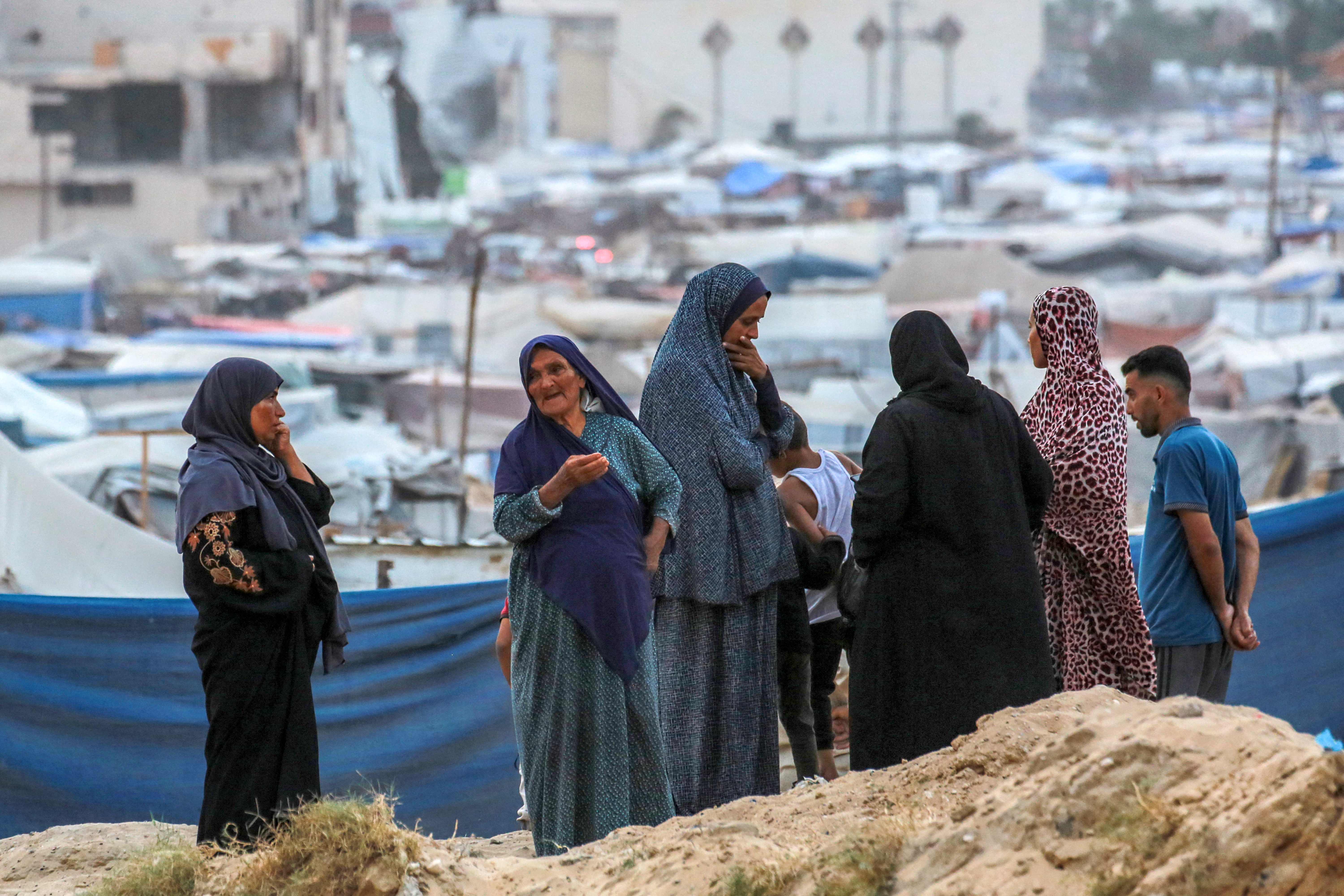Displaced Palestinians in Khan Yunis on the eve of the anniversary of the ongoing war in Gaza. (AFP)