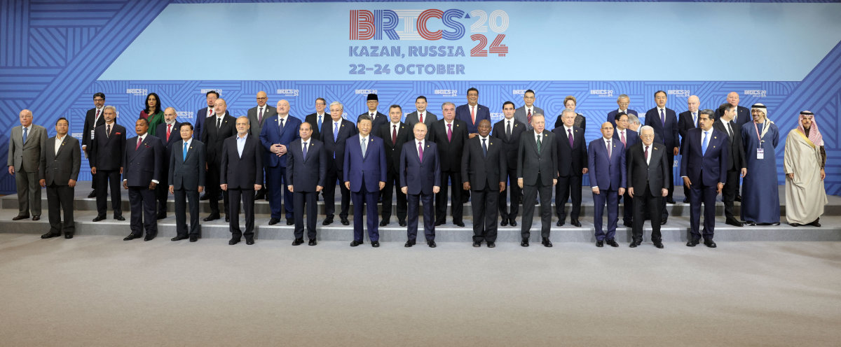 Participants in the BRICS Summit in Kazan, Russia, pose for a family picture on Oct. 24, 2024. (AFP/File)