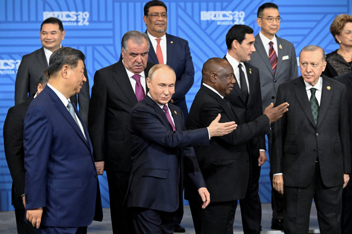 Turkiye's President Erdogan attends a family photo during the BRICS summit in Kazan, Russia on Oct. 24, 2024. (Pool via REUTERS)