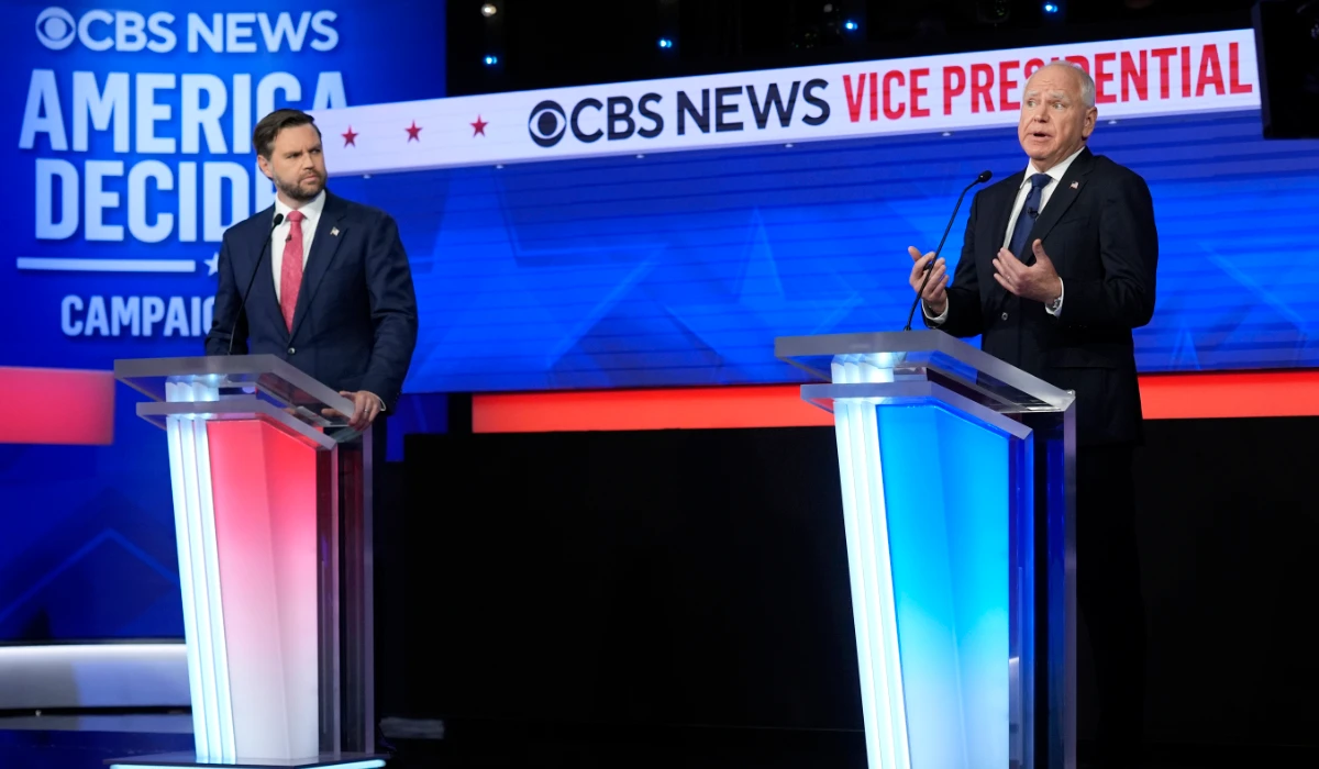 Republican vice presidential nominee Sen. JD Vance, R-Ohio, and Democratic vice presidential nominee Minnesota Gov. Tim Walz participate in vice presidential debate hosted by CBS News Tuesday, Oct. 1, 2024, in New York. (AP)