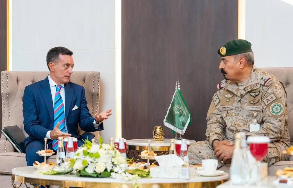 The secretary-general of the Islamic Military Counter Terrorism Coalition, Maj. Gen. Mohammed Al-Moghidi, welcomed the director of the UN Office of Counter-Terrorism, Mauro Modico, to the coalition’s headquarters in Riyadh. (SPA)