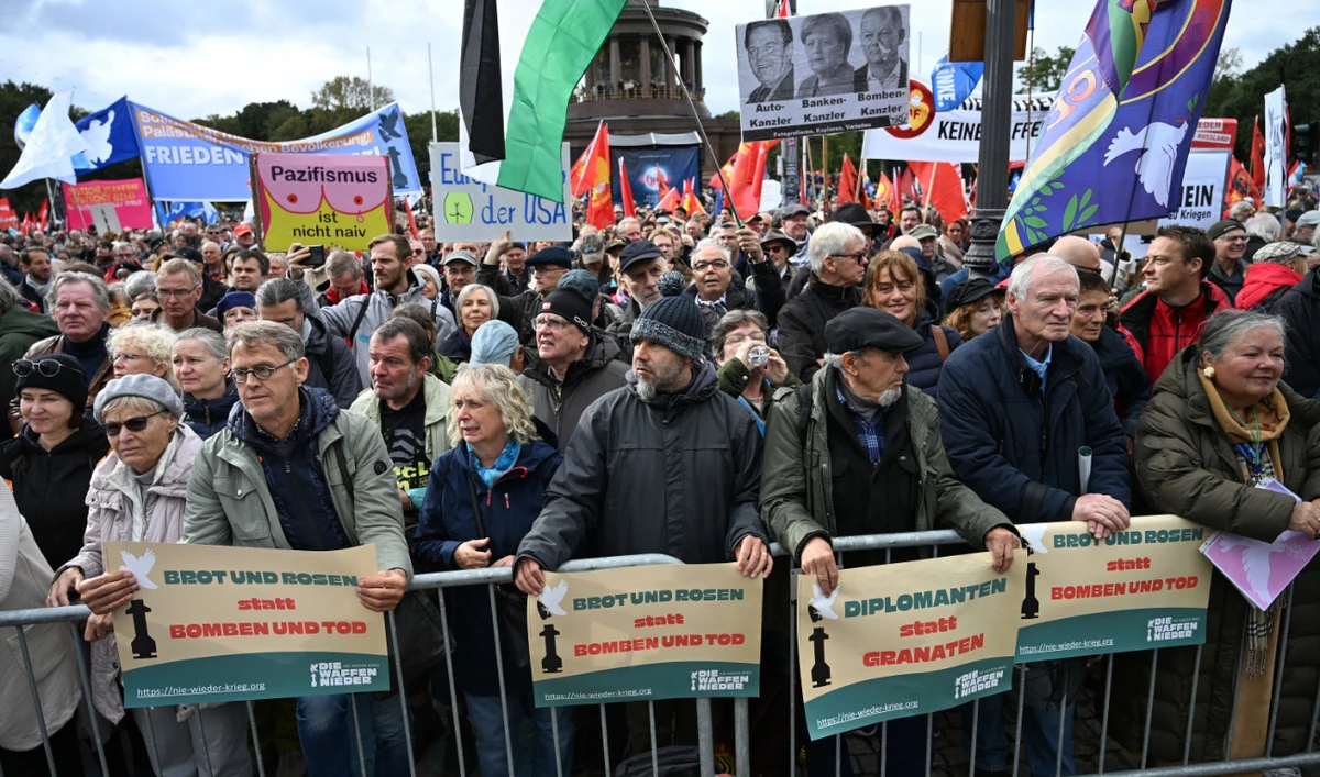 Protesters take part in an anti-war demonstration in Berlin on October 3, 2024. (AFP)