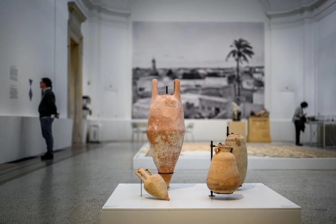 This photograph shows amphorae and jars during an exhibition on protection of cultural property in case of conflict entitled “Heritage in Peril” at the Art and History Museum in Geneva on Oct. 3, 2024. (AFP)