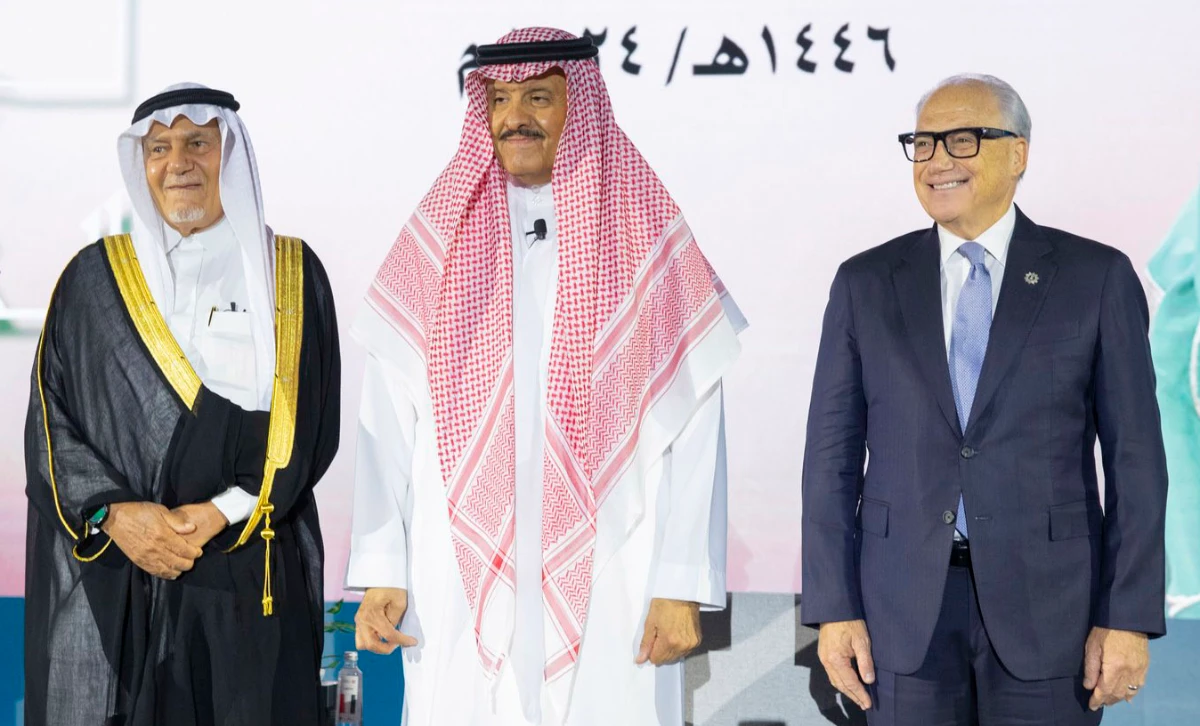 Prince Sultan bin Salman, middle, with Prince Turki Al-Faisal and Jerry Inzerillo at the meeting. (X: @ATURATH)