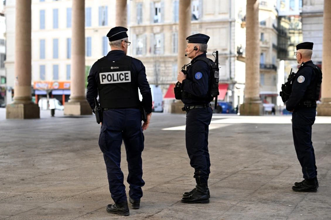 Police officers patrol in downtown Marseille, southern France, on March 21, 2024, two days after the visit of French President, focused on security and drug trafficking. (File/AFP)