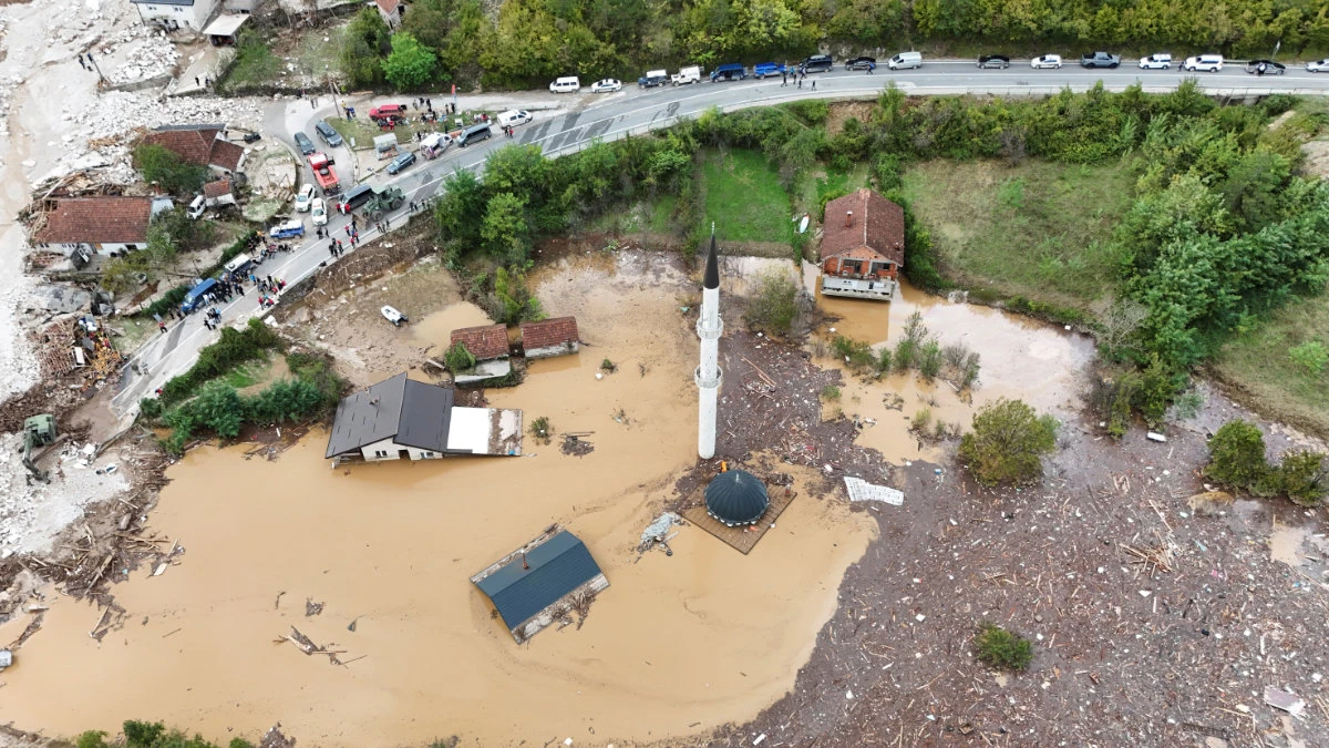A drone view shows a flooded residential area and mosque in Donja Jablanica, Bosnia and Herzegovina, on October 4, 2024. (REUTERS)