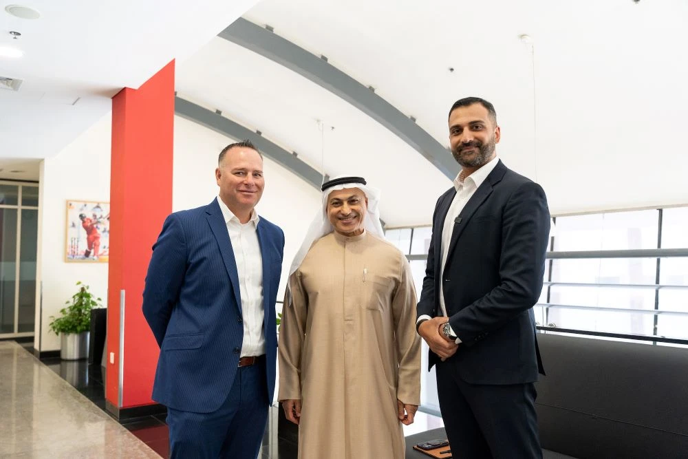 John Miedreich, left, Vice Chairman & Co-Founder of Baseball United with Khalid Al-Zarooni, Vice-Chairman Emirates Cricket Board, and Kash Shaikh, Chairman, CEO & Co-Founder of BU. (Supplied)