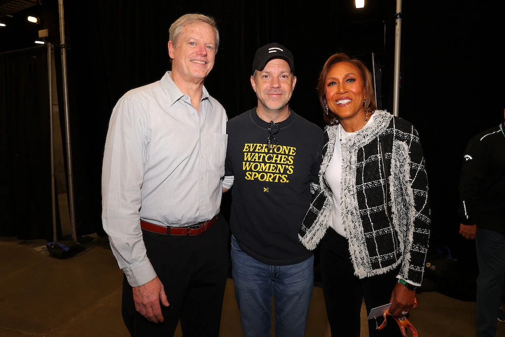 NCAA President Charlie Baker, Jason Sudeikis and Robin Roberts attend the 2024 NCAA Women’s Basketball Tournament national championship between the Iowa Hawkeyes and South Carolina Gamecocks at Rocket Mortgage FieldHouse on April 07, 2024 in Cleveland, Ohio. (File/Getty Images/AFP)