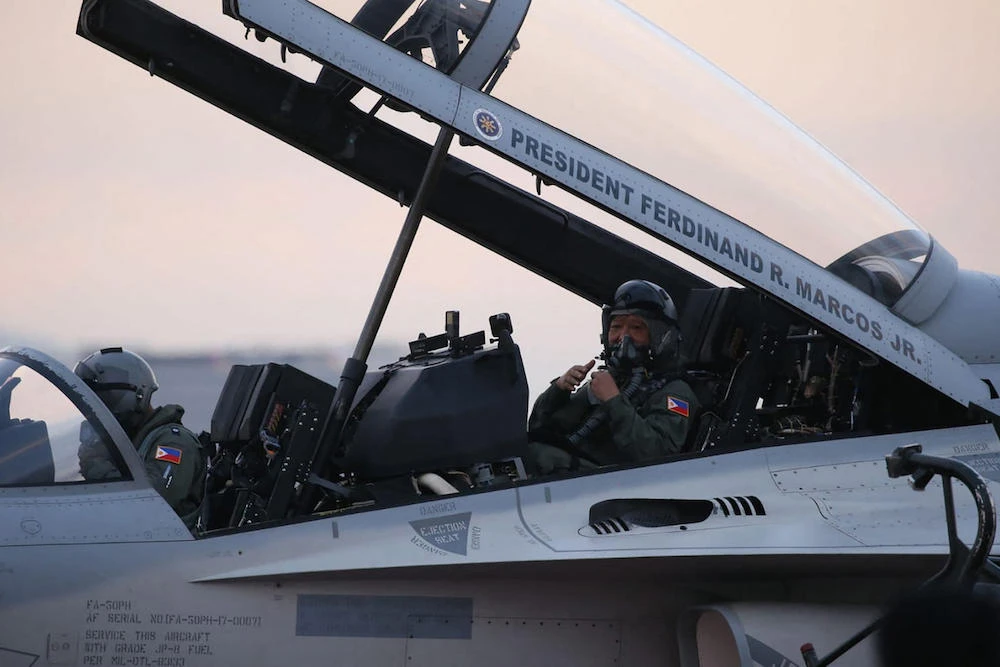 Philippine President Ferdinand Marcos Jr. inside a FA-50PH fighter jet during a capability demonstration flight at Clark Airbase in Pampanga on Mar. 7, 2023 (Presidential Office via AFP)