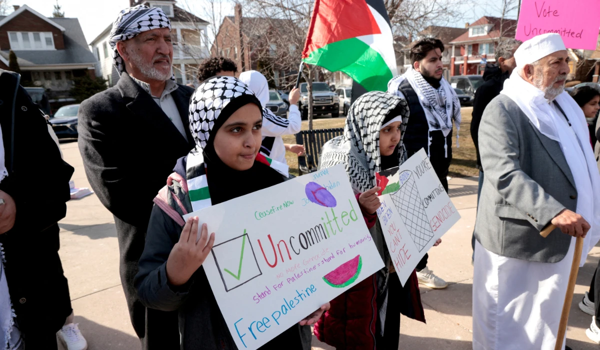 Supporters of the campaign to vote "Uncommitted" hold a rally in support of Palestinians in Gaza, ahead of Michigan’s Democratic presidential primary election in Hamtramck, Michigan, US February 25, 2024. (REUTERS)