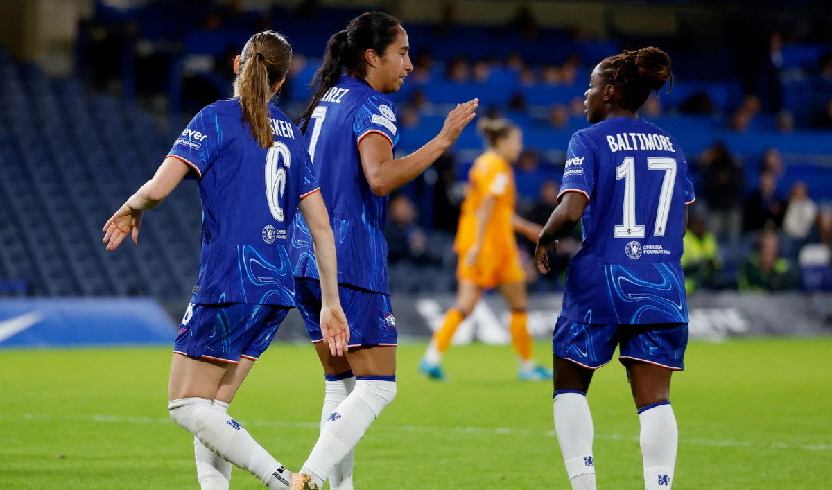 Chelsea's Mayra Ramirez celebrates scoring their third goal with teammates. (Reuters)