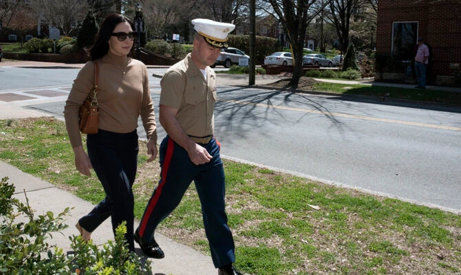 Marine Maj. Joshua Mast and his wife, Stephanie, arrive at Circuit Court for a hearing in an ongoing custody battle over an Afghan orphan, March 30, 2023, in Charlottesville, Va. (AP/File)