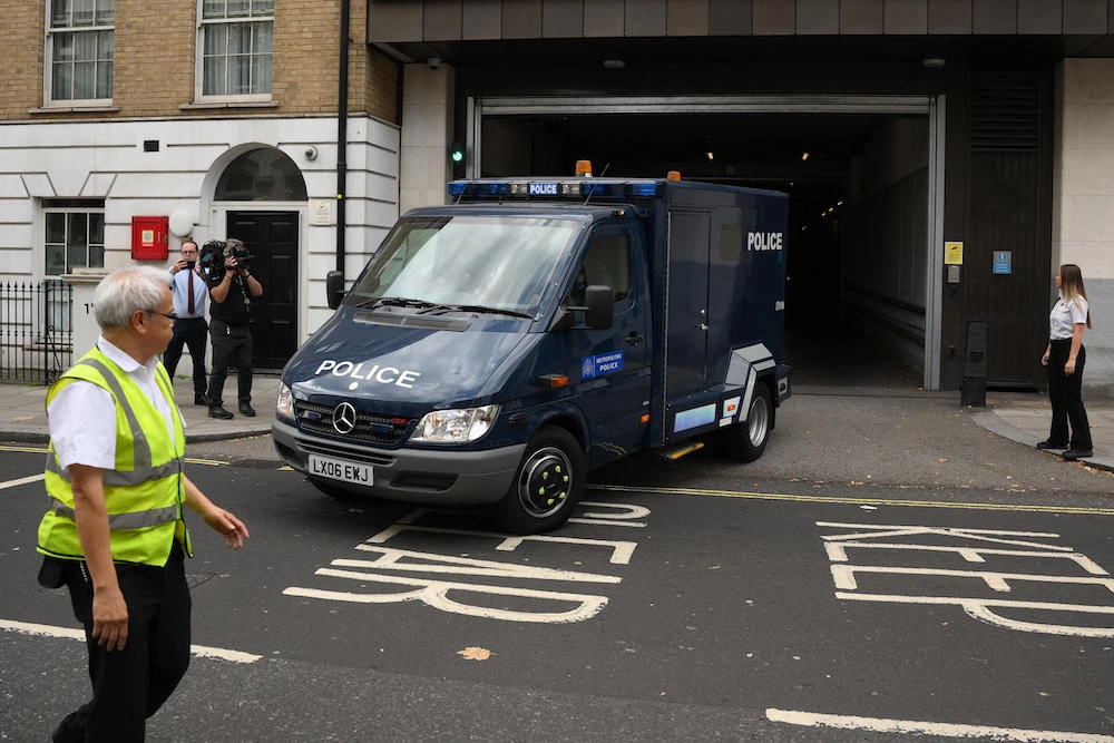 Above, a police van believed to be transporting former soldier Daniel Khalife leaves Westminster Magistrates Court in London on Sept. 11, 2023. (AFP file photo)