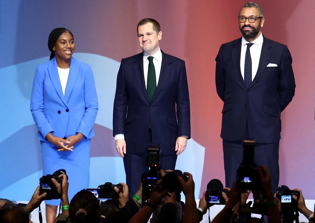 Conservative Party leadership candidates Kemi Badenoch, left, Robert Jenrick, center, and James Cleverly at the Conservative Party Conference in Birmingham, England, Oct. 2, 2024. (AFP)