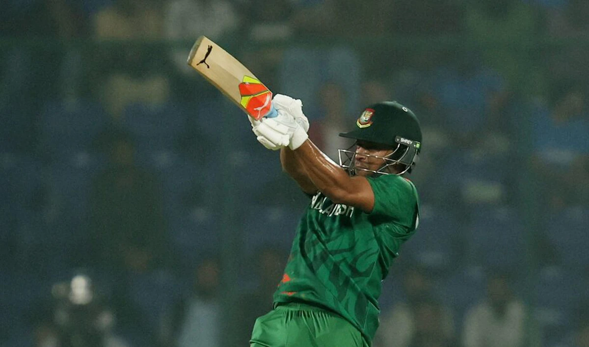 Bangladesh’s Shakib Al Hasan in action as he hits six runs during ICC Cricket World Cup 2023 match against Sri Lanka at the Arun Jaitley Stadium in New Delhi on November 6, 2023. (REUTERS/File)