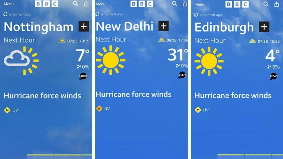 “Don’t worry folks, there isn’t a hurricane on the way today for Scotland, and Edinburgh isn’t going to see wind gusts of an impossible magnitude of 17246mph!,” BBC Scotland Weather said on X. (BBC/File)