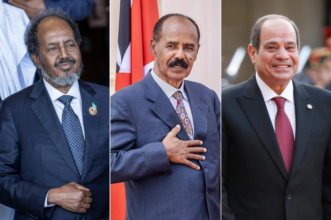 Hassan Sheikh Mohamud, Isaias Afwerki and Abdel Fattah El-Sisi meet in Asmara, Eritrea, Oct. 10, 2024. (AFP)