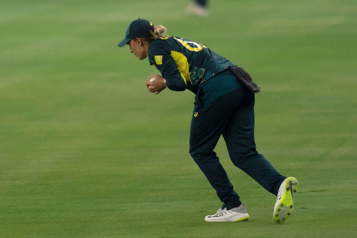 Australia's Ashleigh Gardner takes the catch to get the wicket of Pakistan's Omaima Sohail during the ICC Women's T20 World Cup 2024 match between Pakistan and Australia at Dubai International Stadium on Friday. (AP)