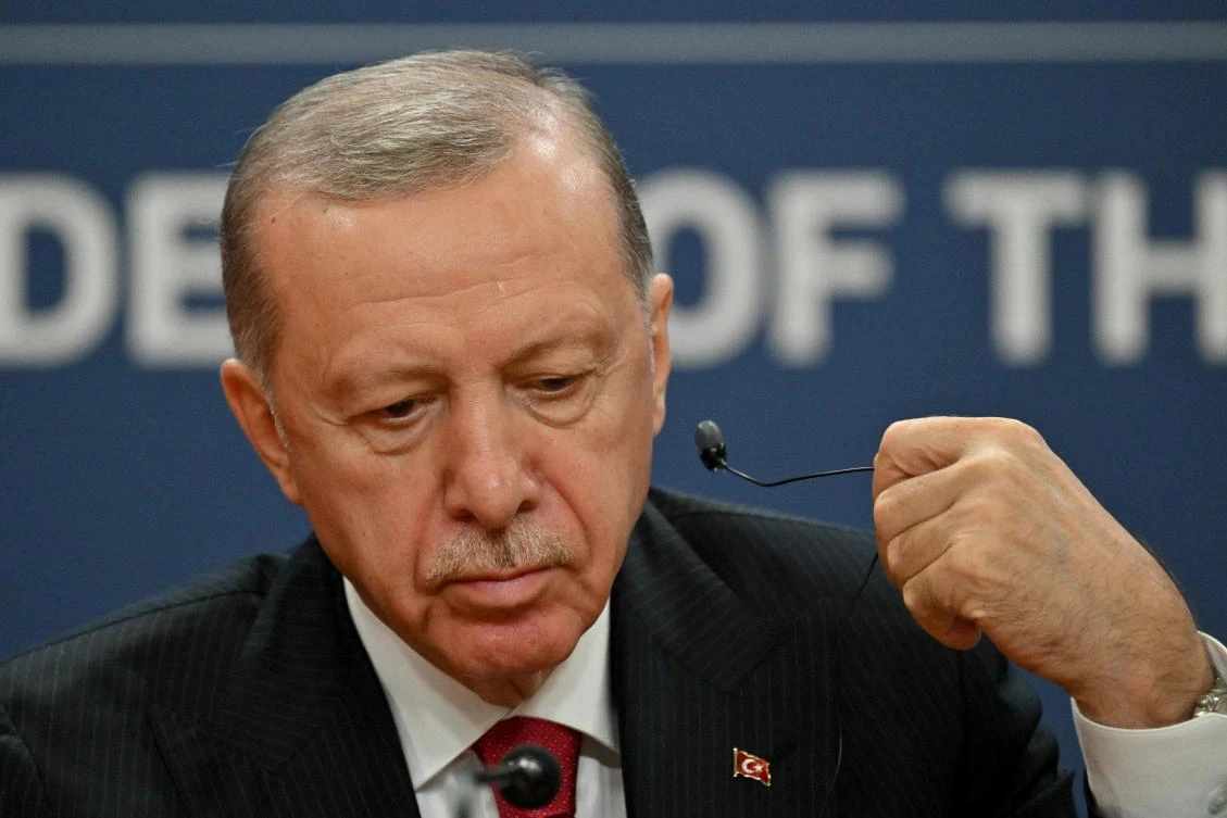 Turkish President Recep Tayyip Erdogan gestures during a joint press conference with his Serbian counterpart following their meeting in Belgrade on October 11, 2024.(AFP)