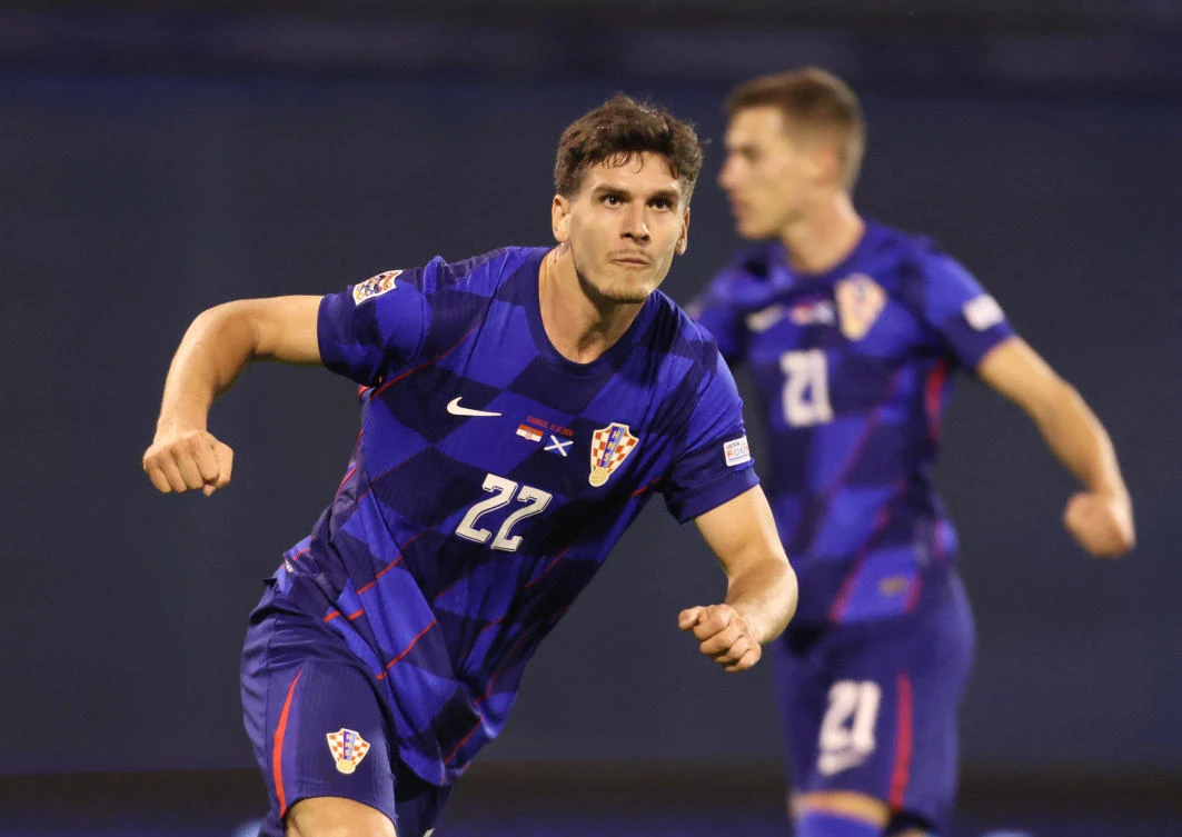 Croatia’s Igor Matanovic celebrates scoring their first goal during their UEFA Nations League — Group A1 — match against Scotland at Maksimir Stadium, Zagreb, on Oct. 12, 2024. (Reuters)