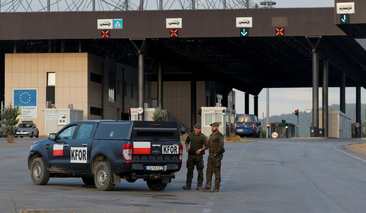 Polish soldiers part of the NATO-led peacekeeping mission stand as they monitor the main Kosovo-Serbia border crossing in Merdare, Kosovo September 6, 2024. (REUTERS)