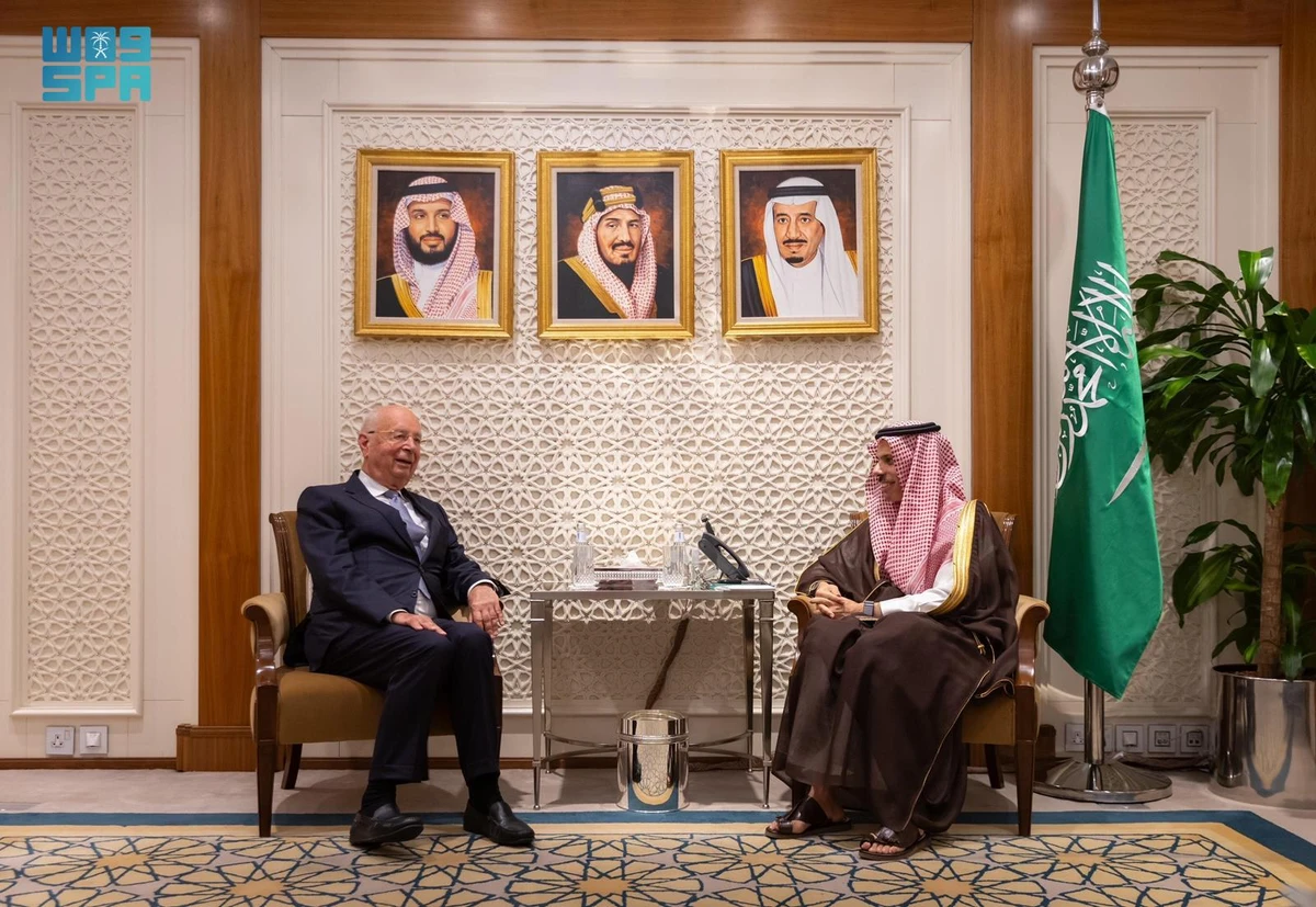 Saudi foreign minister Prince Faisal bin Farhan meets with Founder and Executive Chairman of the World Economic Forum Klaus Schwab in Riyadh. (SPA)