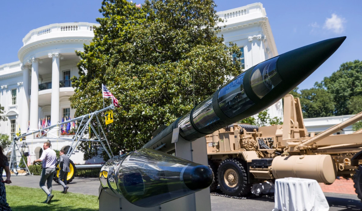 Terminal High Altitude Area Defense (THAAD) anti-ballistic missile defense system is displayed during a Made in America showcase on the South Lawn of the White House, July 15, 2019, in Washington. (AP)