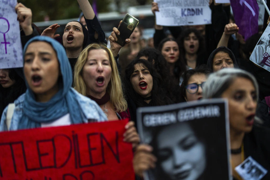 Women shout slogans during a protest against violence against women in Istanbul, on Oct. 12, 2024. (AP)