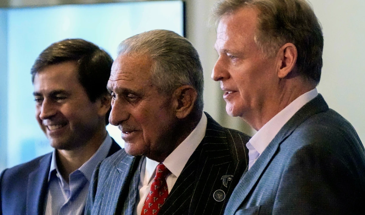 NFL EVP of Club Business and Events Peter O'Reilly, left, Atlanta Falcons owner Arthur Blank, center, and NFL commissioner Roger Goodell speak during an NFL football news conference Tuesday in Atlanta. (AP)