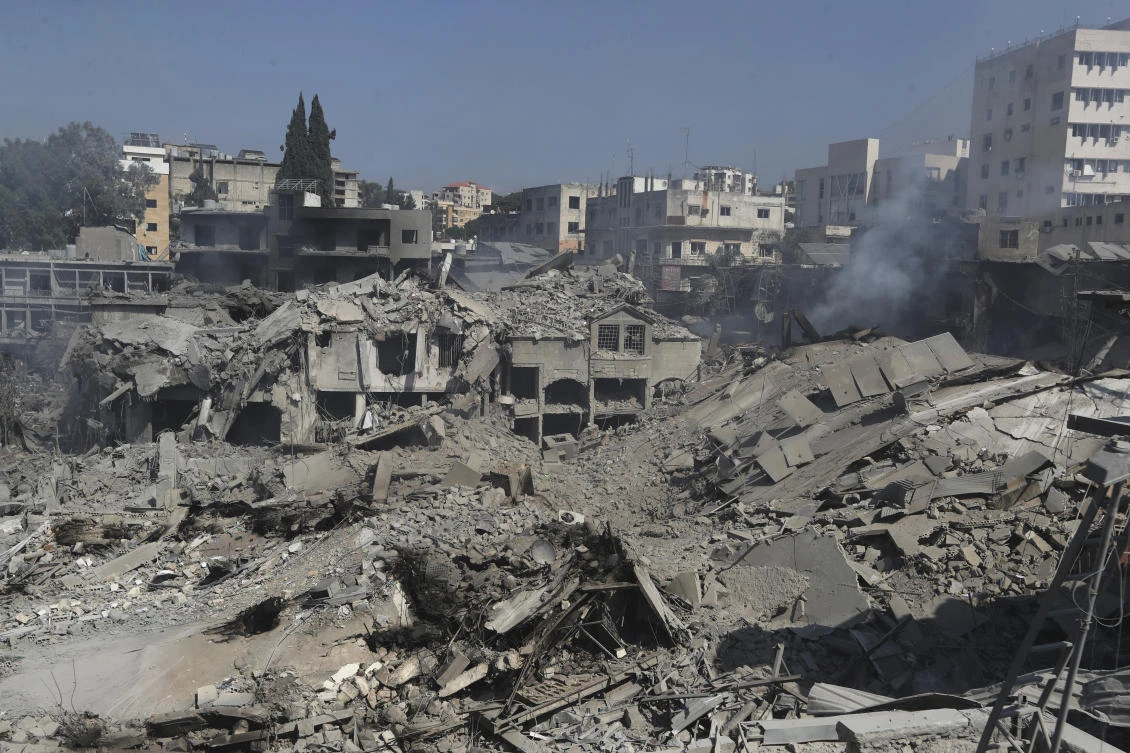 Destroyed shops and buildings at commercial street that hit Saturday night by Israeli airstrikes, in Nabatiyeh town, south Lebanon, on Oct. 13, 2024. (AP)