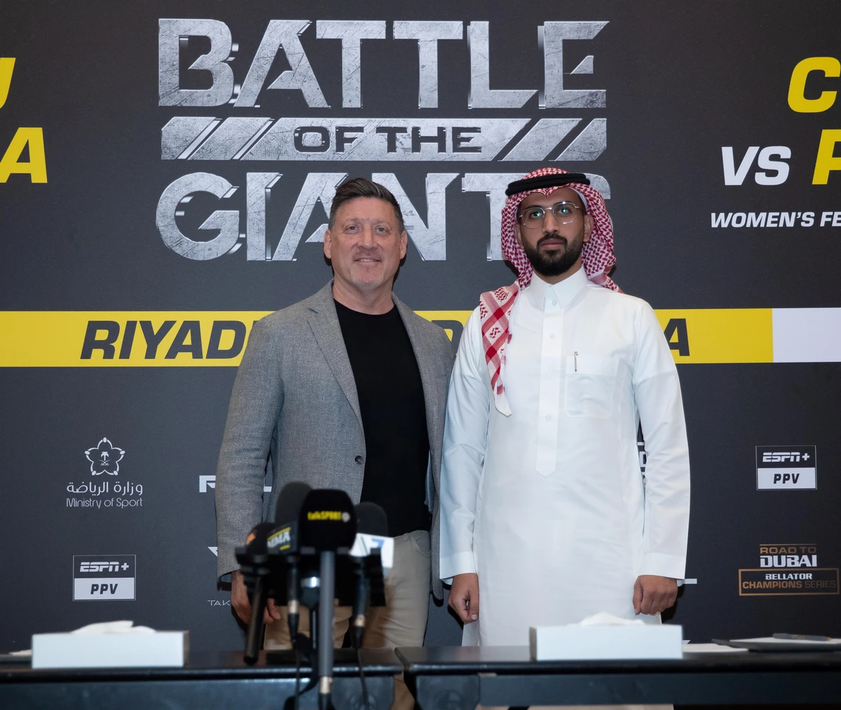 PFL CEO Pete Murray with Abdullah Alhazza, CEO of SMMAF, ahead of Battle of the Giants in Riyadh. (Supplied)