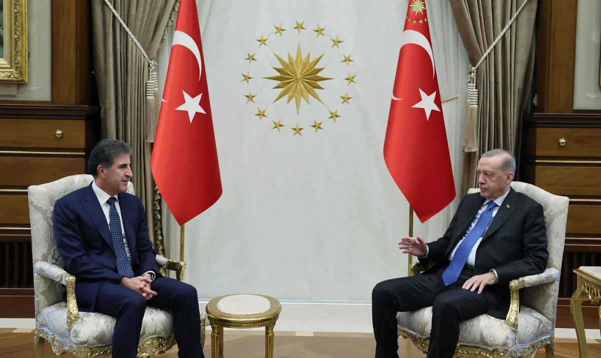 This handout photograph taken and released on October 16, 2024 in Ankara by the Turkish Presidency Press Office shows Turkish President Recep Tayyip Erdogan (R) meeting with President of Iraq's autonomous Kurdistan Region Nechirvan Barzani (L) at the Presidential Complex in Ankara. (AFP)