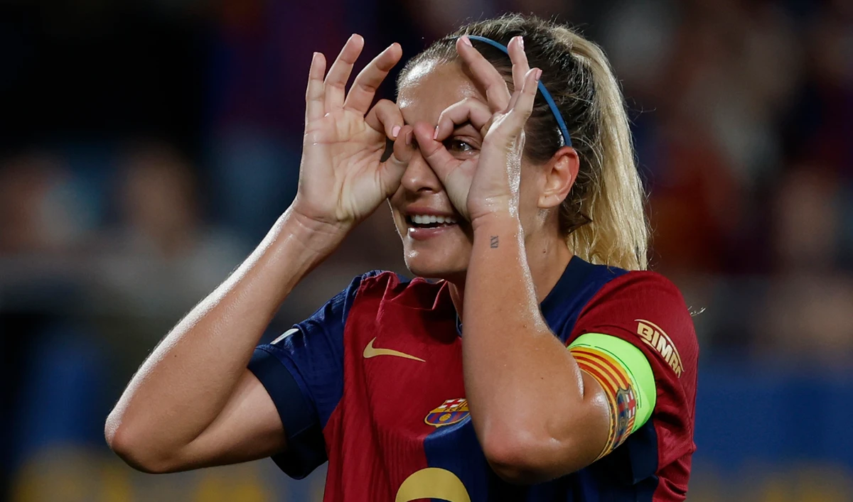 Barcelona's Alexia Putellas celebrates after scoring her side's third goal during the women's Champions League group D soccer match between Barcelona and Hammarby at the Estadi Johan Cruyff in Barcelona, Wednesday, Oct. 16, 2024. (AP)