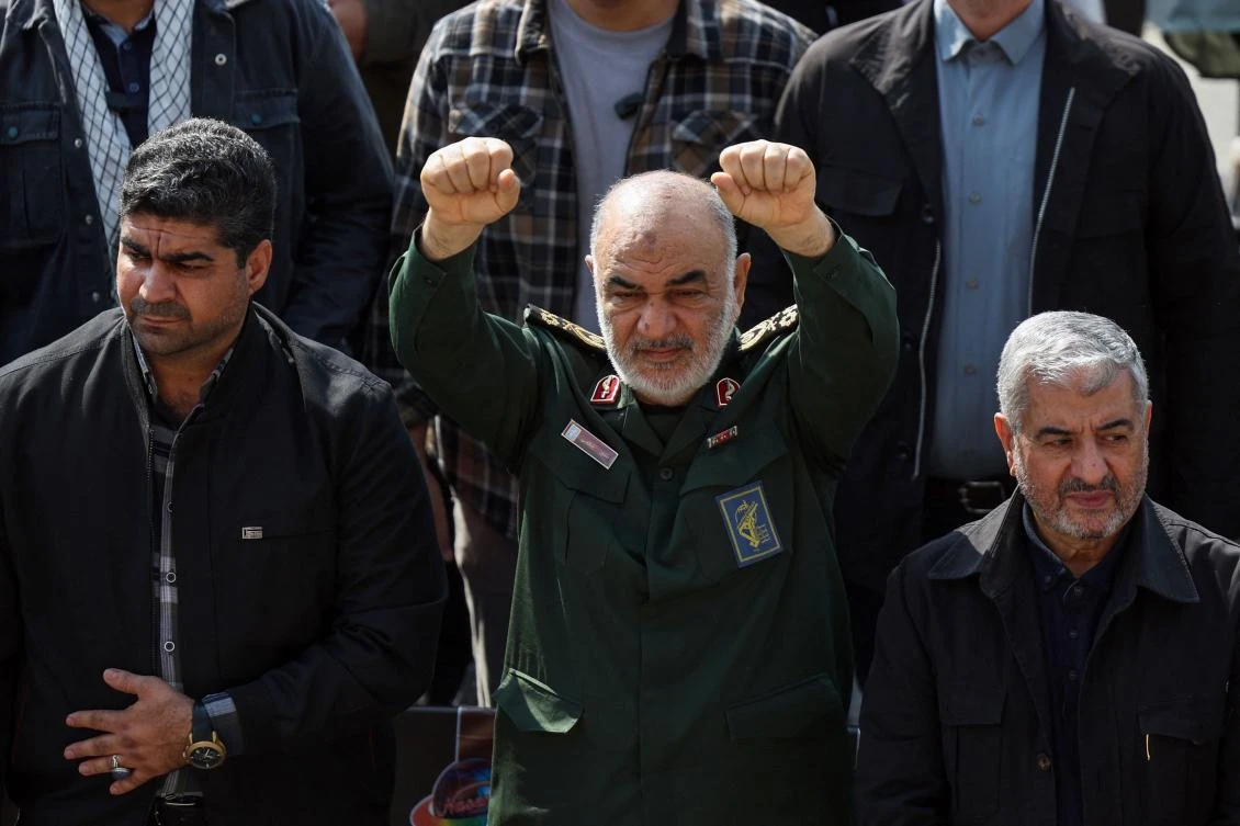 Hossein Salami, center, head of Iran’s Islamic Revolutionary Guard Corps, attends the funeral of Iran’s Islamic Revolutionary Guards commander Abbas Nilforoushan in Tehran on Oct. 15, 2024. (AFP)