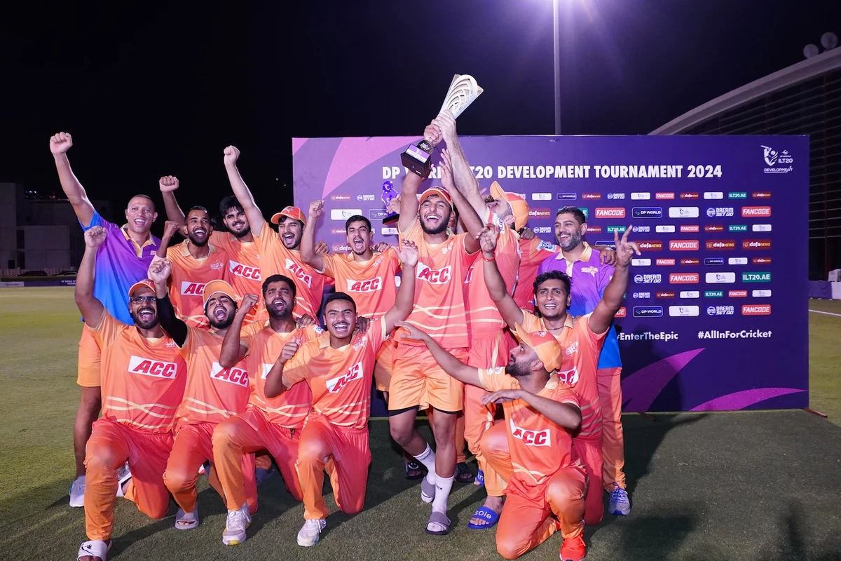 Gulf Giants celebrate winning the DP World ILT20 Development Tournament 2024 on Wednesday night (Supplied)