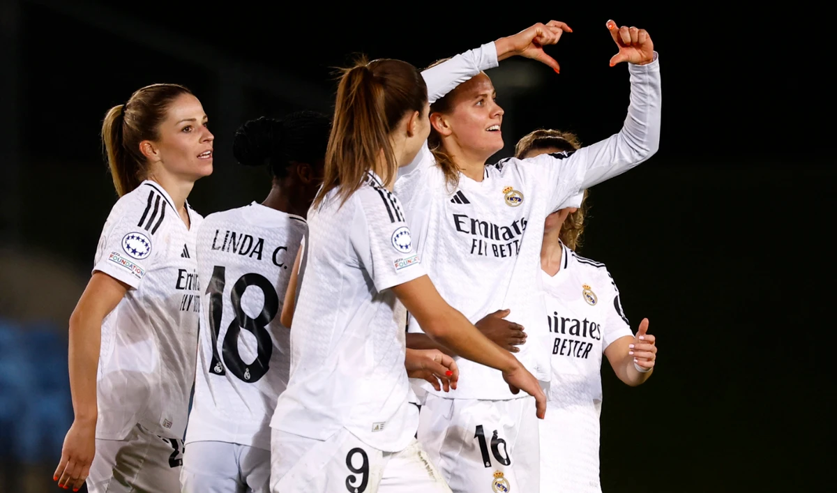 Real Madrid's Caroline Weir celebrates scoring their third goal with teammates during the Women's Champions League match between Real Madrid and Celtic at Estadio Alfredo Di Stefano, Madrid, Spain on October 17, 2024 (Reuters)