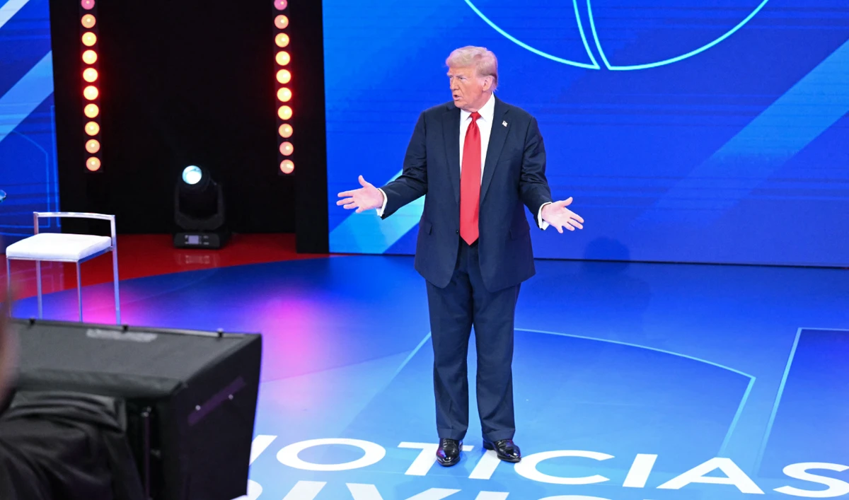 Former US President and Republican presidential candidate Donald Trump addresses a town hall hosted by Univision and moderated by Enrique Acevedo in Miami, Florida, on October 16, 2024. (AFP)
