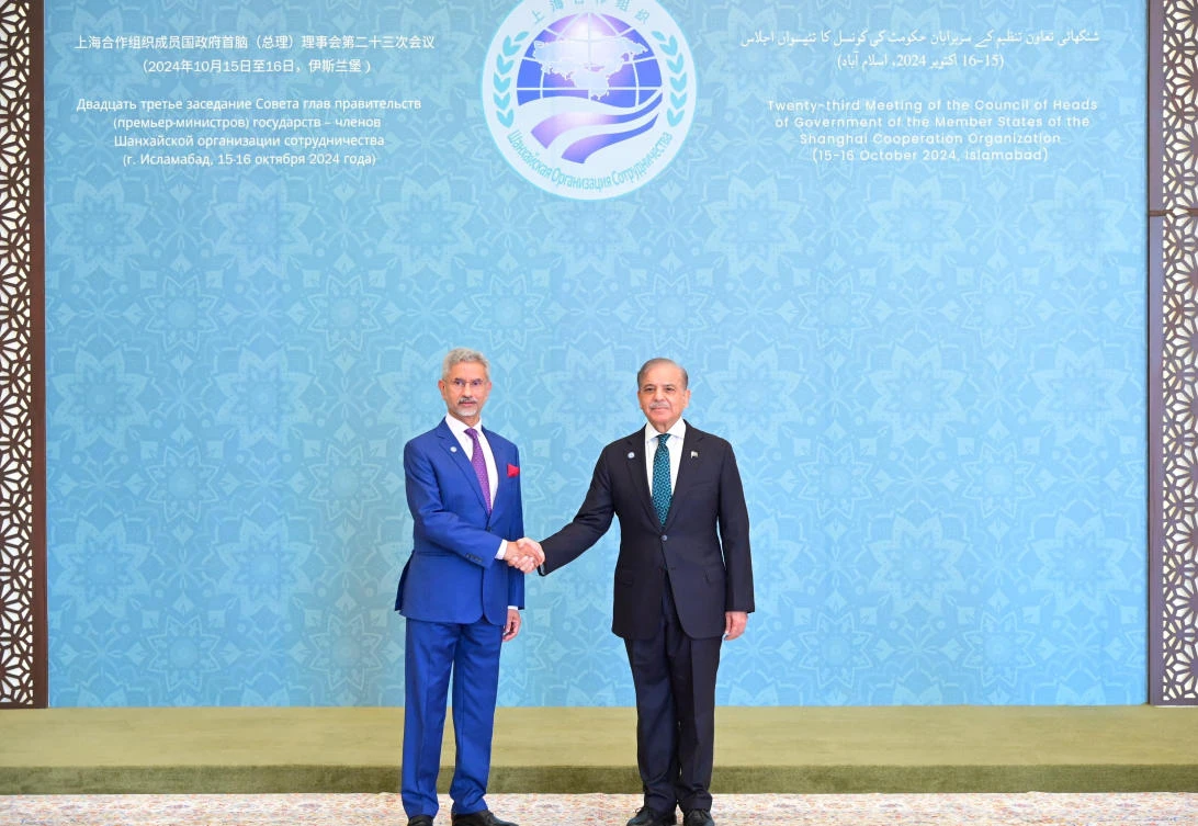 Prime Minister Muhammad Shehbaz Sharif, right, receives Indian Foreign Minister Subrahmanyam Jaishankar at the venue of the 23rd Shanghai Cooperation Organization meeting in Islamabad, Pakistan on Oct. 16, 2024. (Press Information Department via Reuters)